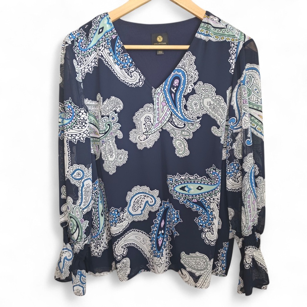JM Collection Top Womens Medium Blue‎ Paisley Print V Neck Blouse Casual Ladies